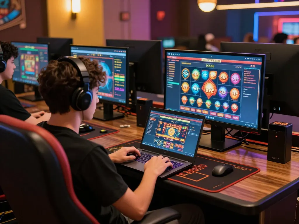 Engaging gameplay experience using NK88 online casino platform on laptop with vibrant screens