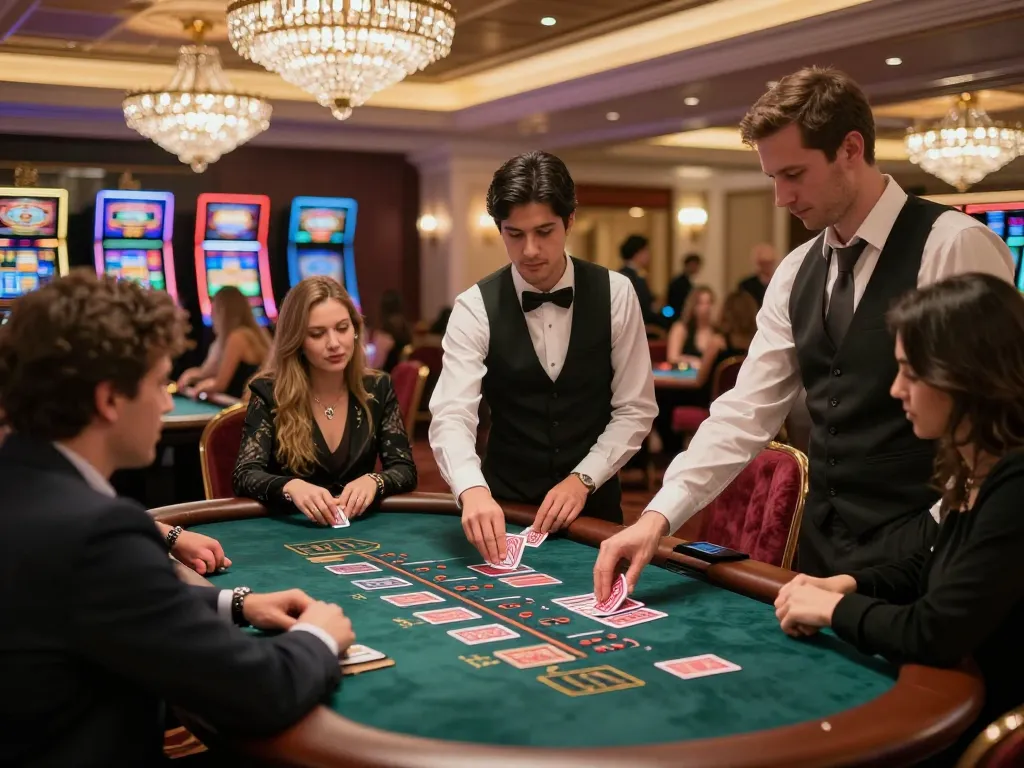 Intense moment at a 7m blackjack table with players focused on their cards and dealer at work.