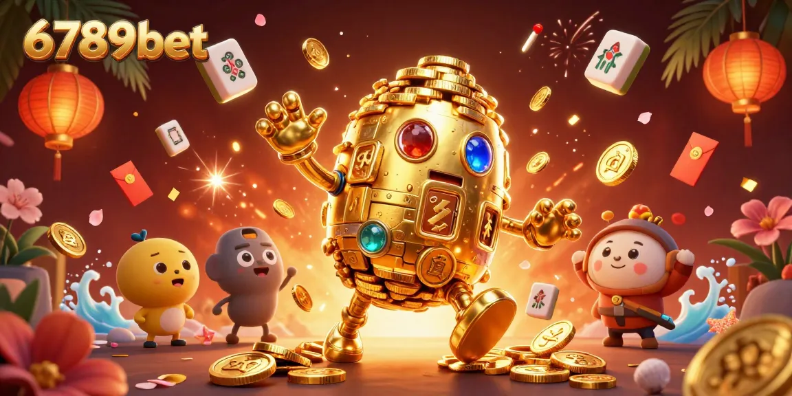 Spin the reels at 6789bet with a vibrant, dynamic casino scene featuring a golden golem and festive elements.