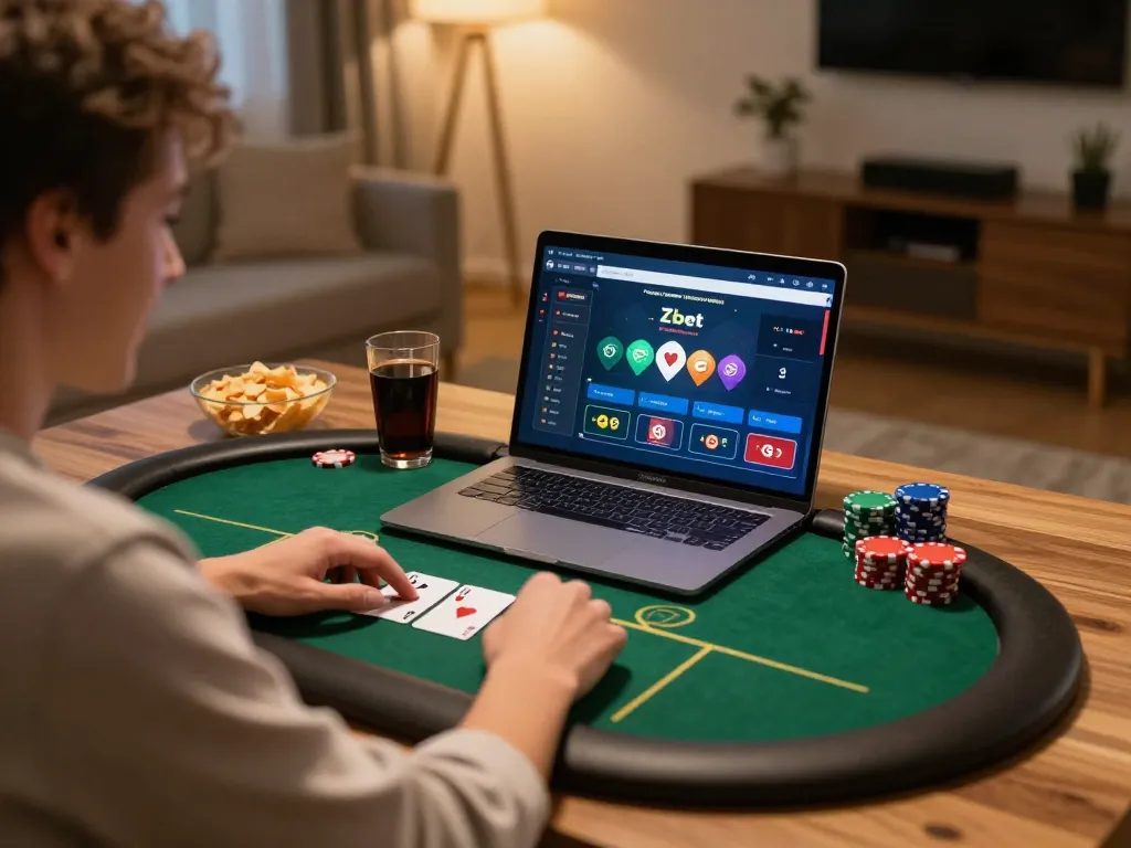 Player engaging with Zbet casino games on a laptop at home, creating a relaxed gambling atmosphere.