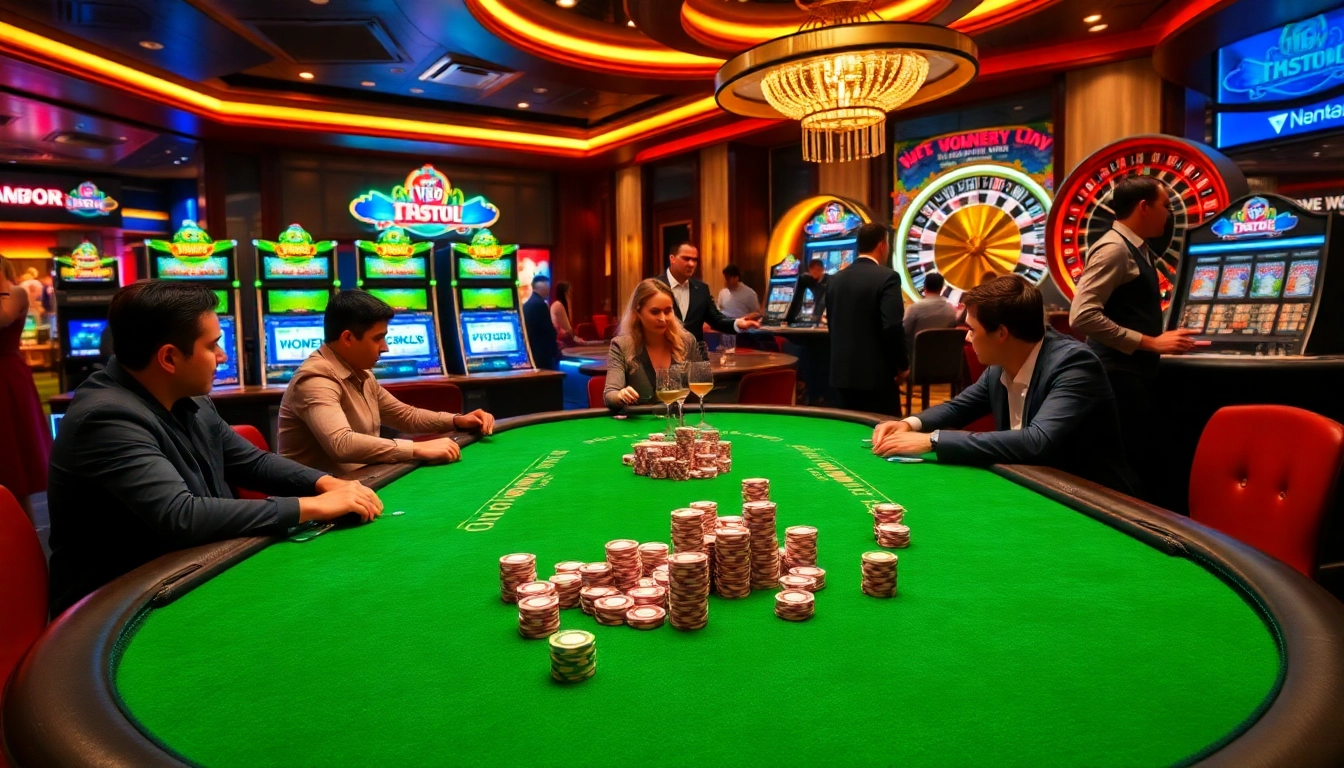 Exciting casino atmosphere showcasing poker action at TV88 with vibrant lights and players.