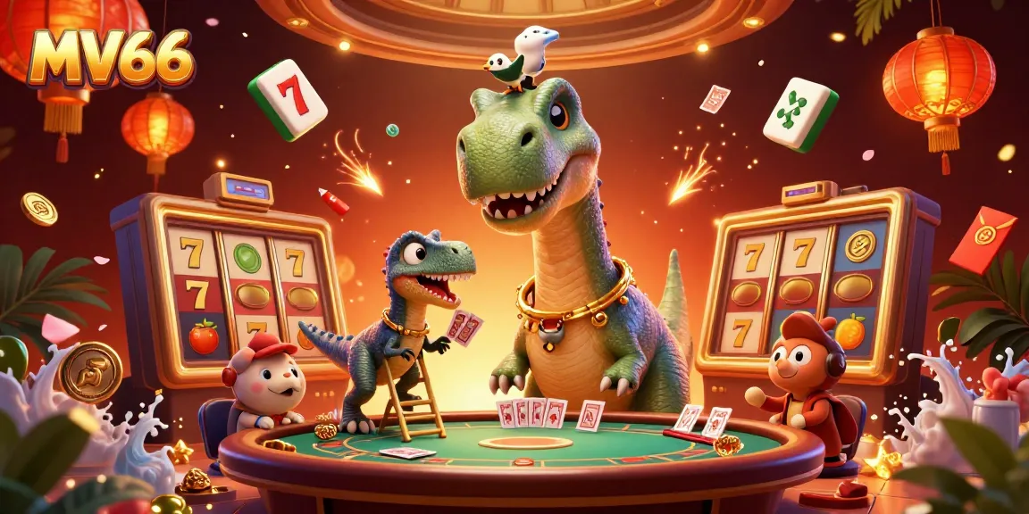 Engage with MV66 in a vibrant casino scene featuring cartoon dinosaurs and slot reels.