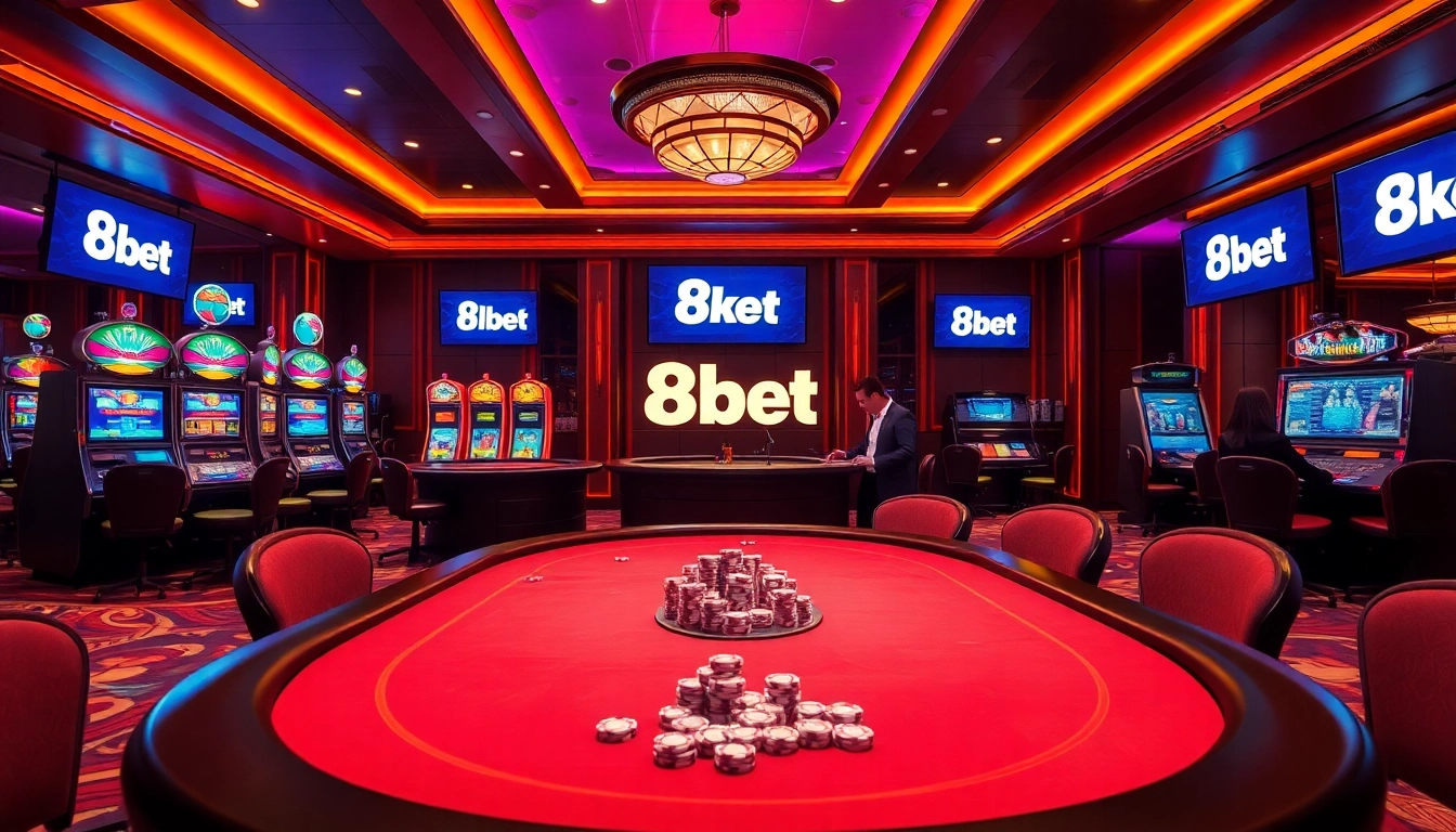 Experience the thrill of betting at 8Kbet with a luxury casino environment featuring interactive games.