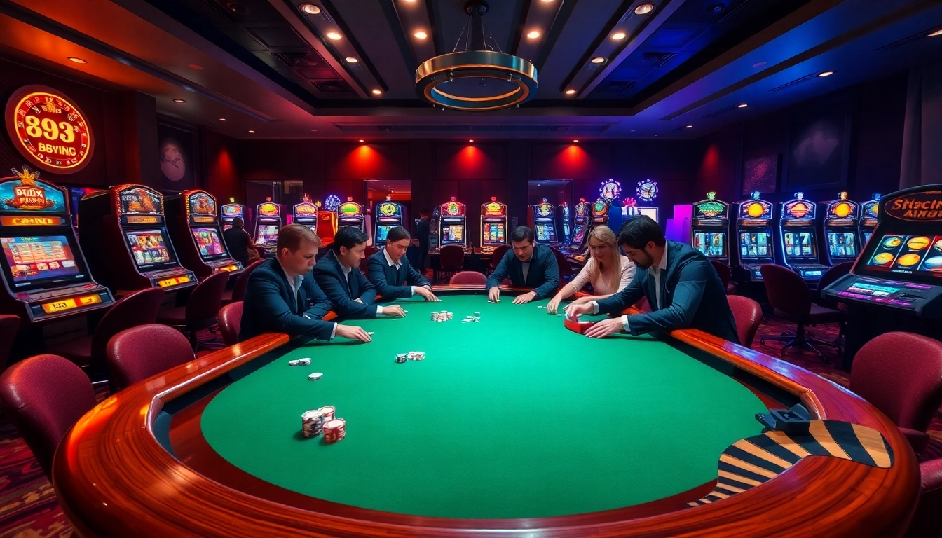 Players engaging in an exciting game at 88VV's vibrant casino table with colorful slot machines.
