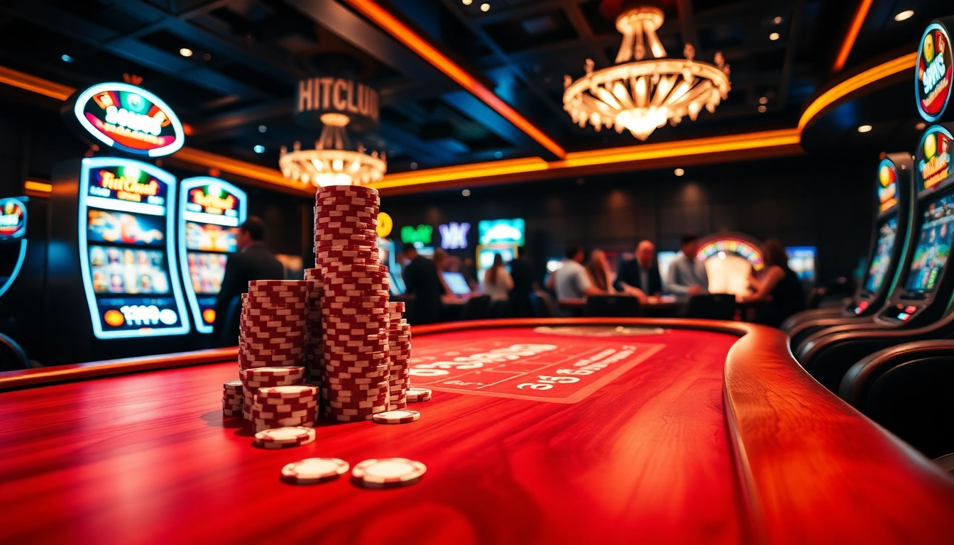 Hitclub players enjoying an exciting poker game at a vibrant casino table with colorful chips.