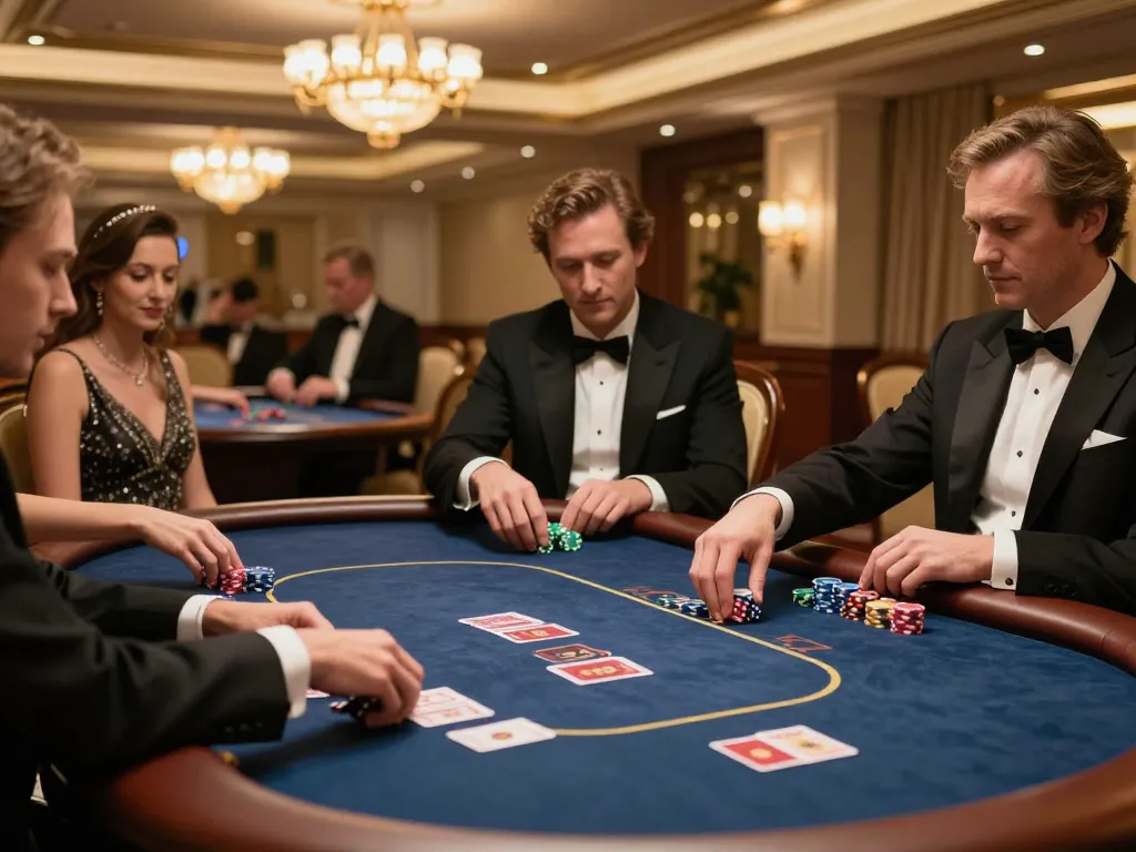 Engaging poker game at HELLO88's upscale venue, showcasing players and rich table decor