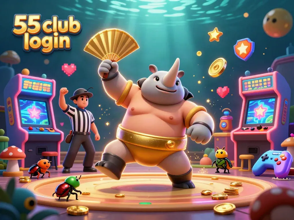 Experience the thrill of 55 club login as a rhinoceros beetle champion captivates in a vibrant casino setting.