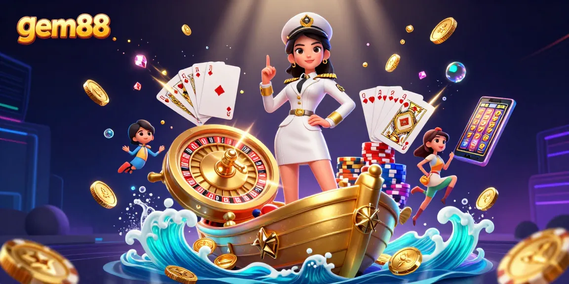 Win big with gem88 in this vibrant 3D casino illustration featuring slots and golden riches.