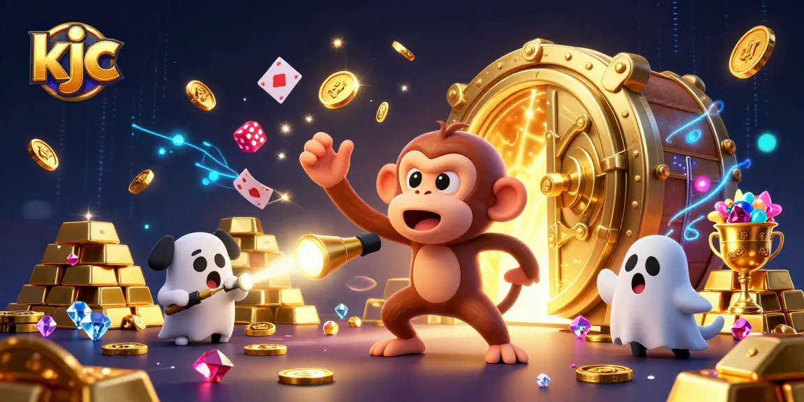 KJC vibrant casino illustration featuring a ghostly monkey juggling golden treasures with a curious puppy hunter.