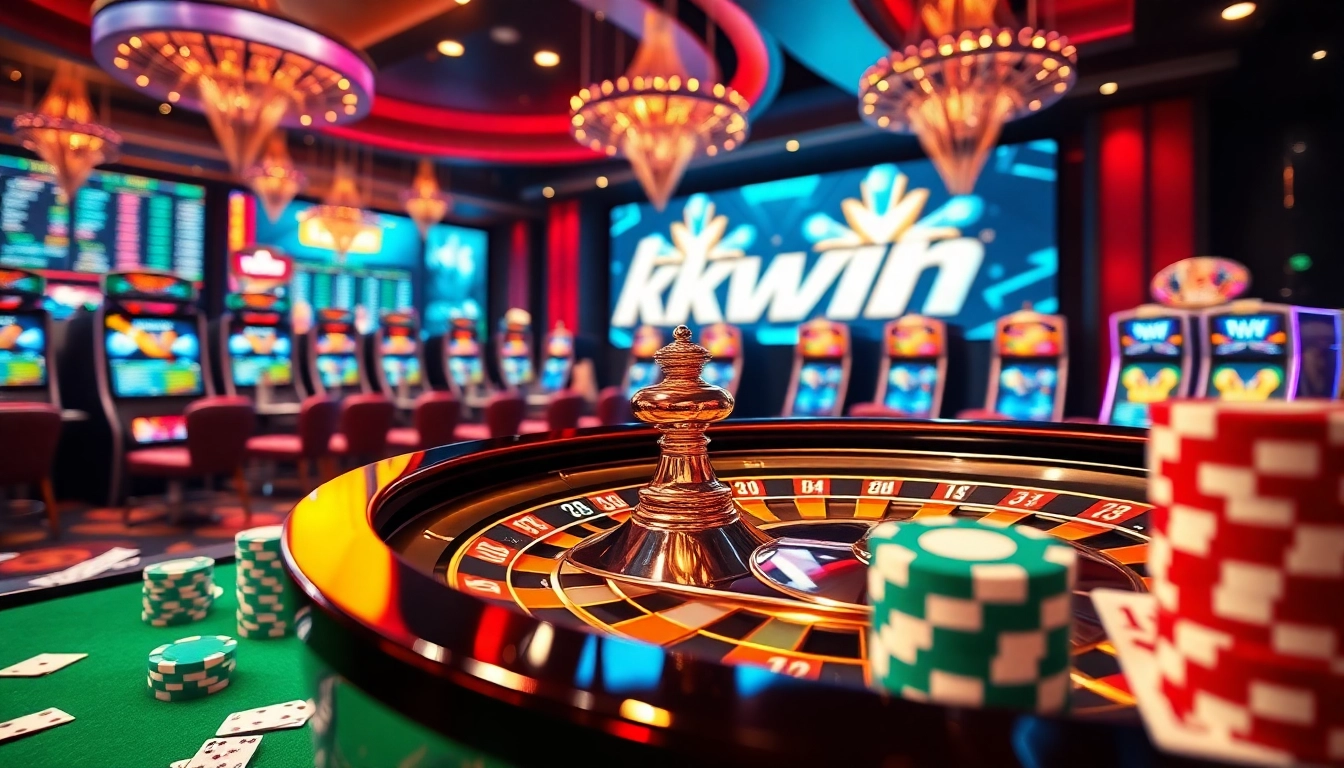kkwin casino scene highlighting exciting gaming options with roulette and slot machines