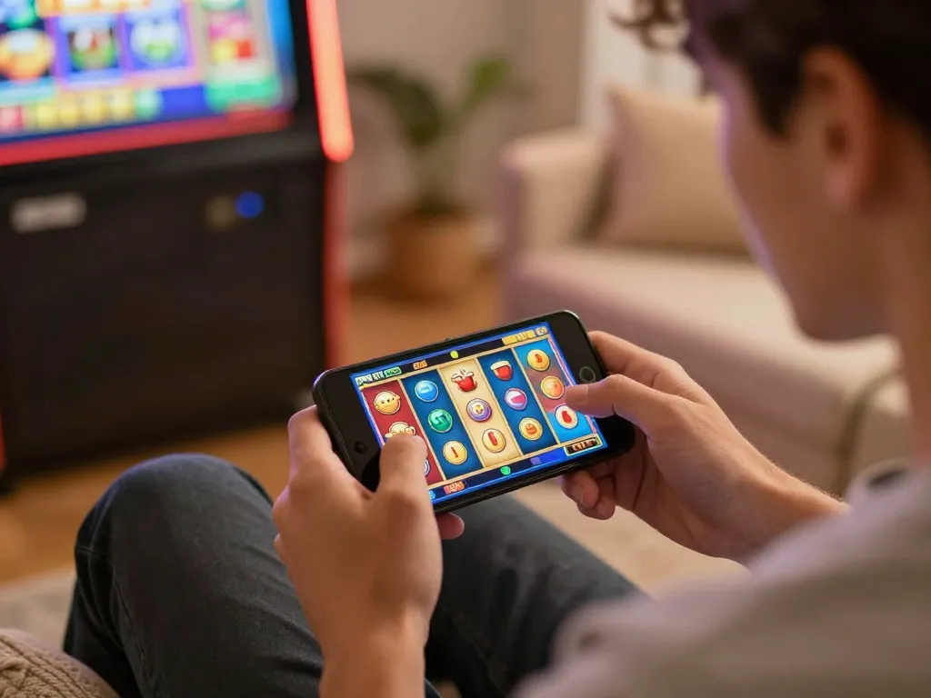 bayvip player enjoying a lively slot game on smartphone in cozy home