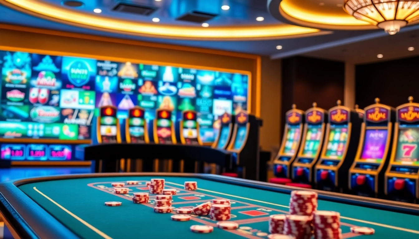 Engaging scene of UU88 online casino with vibrant tables, poker chips, and slot machines.