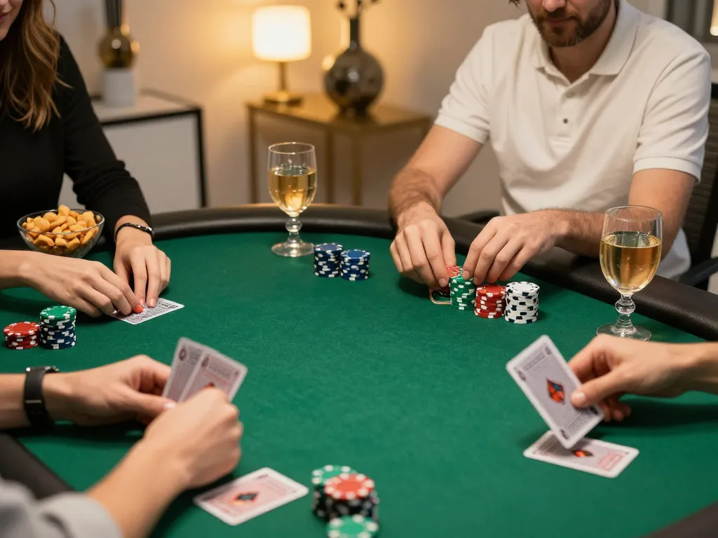 Players enjoy an upscale home poker game while maximizing their vmax strategies amid engaging competition