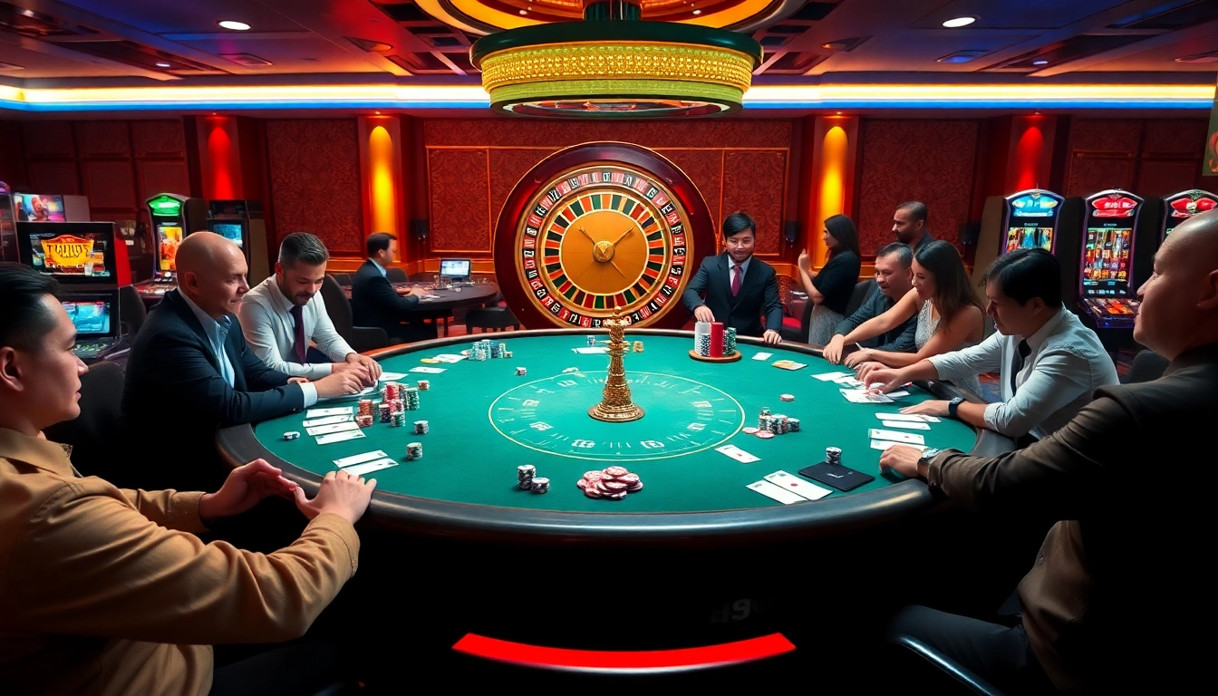Players enjoying a thrilling moment at 789win casino with vibrant game tables and poker chips.