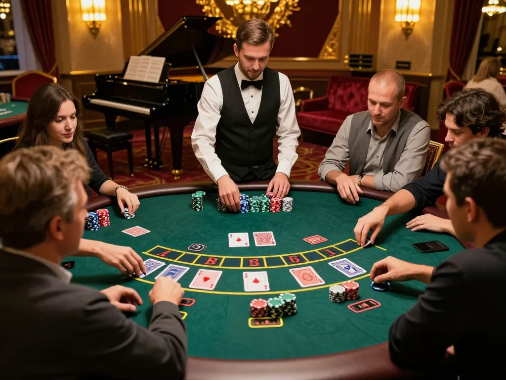Players strategizing at a 123B blackjack table, enhancing their winning chances in a vibrant casino atmosphere.