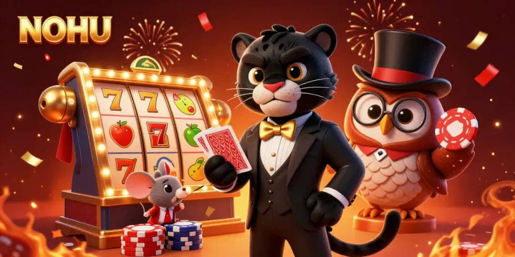 Experience the thrill of slots with NOHU, featuring lively characters and casino elements in dynamic action.