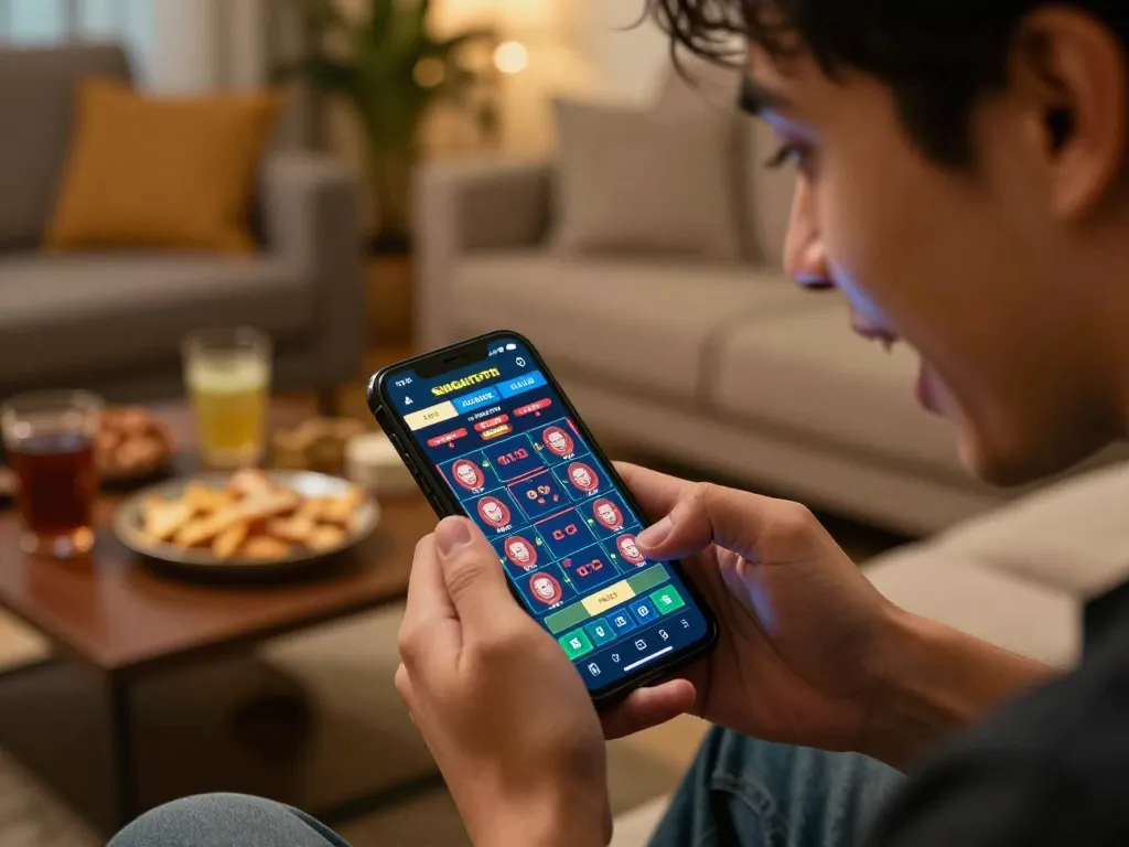 Engaging player immersed in SUNGAITOTO online gaming, excitedly placing bets while enjoying home comfort.