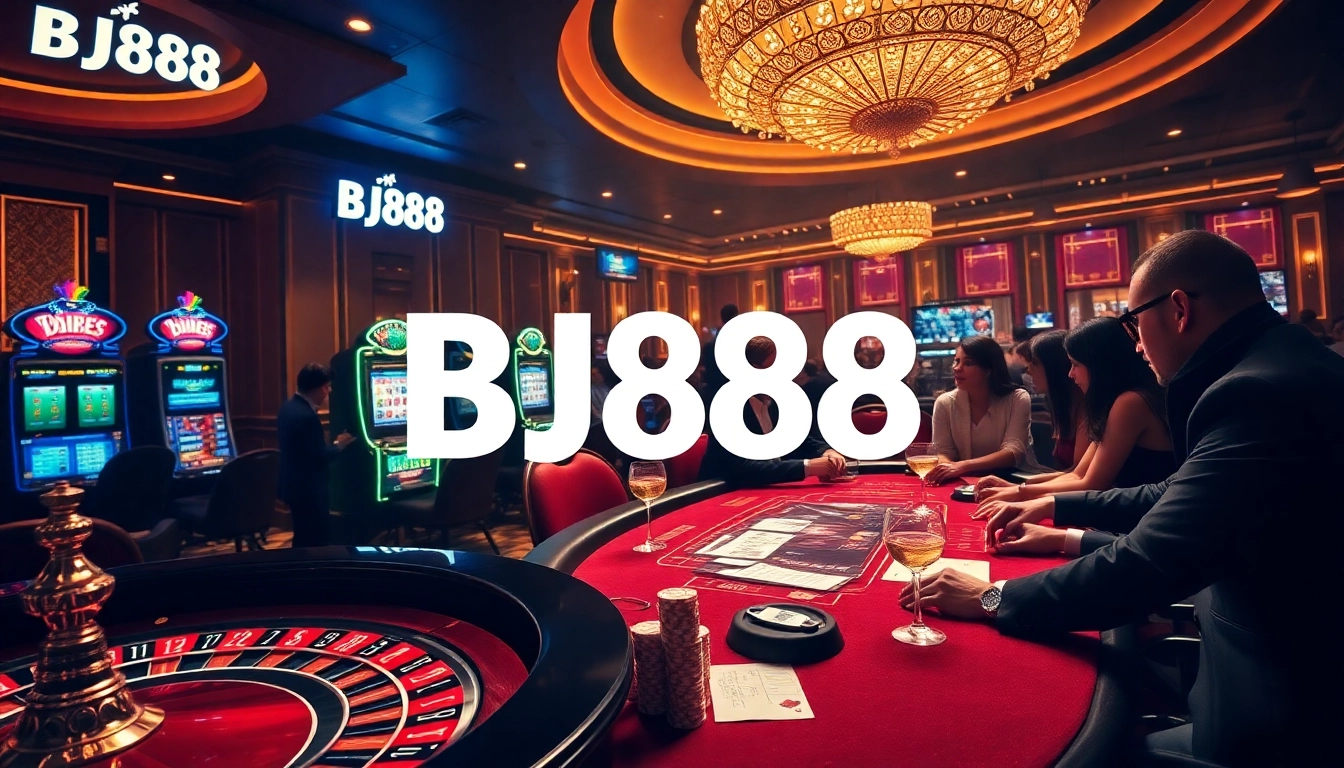 Exciting gameplay at BJ88 casino with vibrant roulette wheel and poker tables.