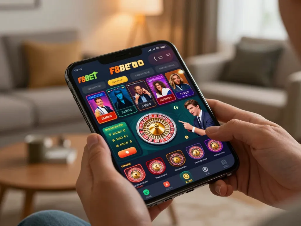Experience the dynamic gameplay of F8BET with live dealer roulette on a smartphone, showcasing strategic betting.