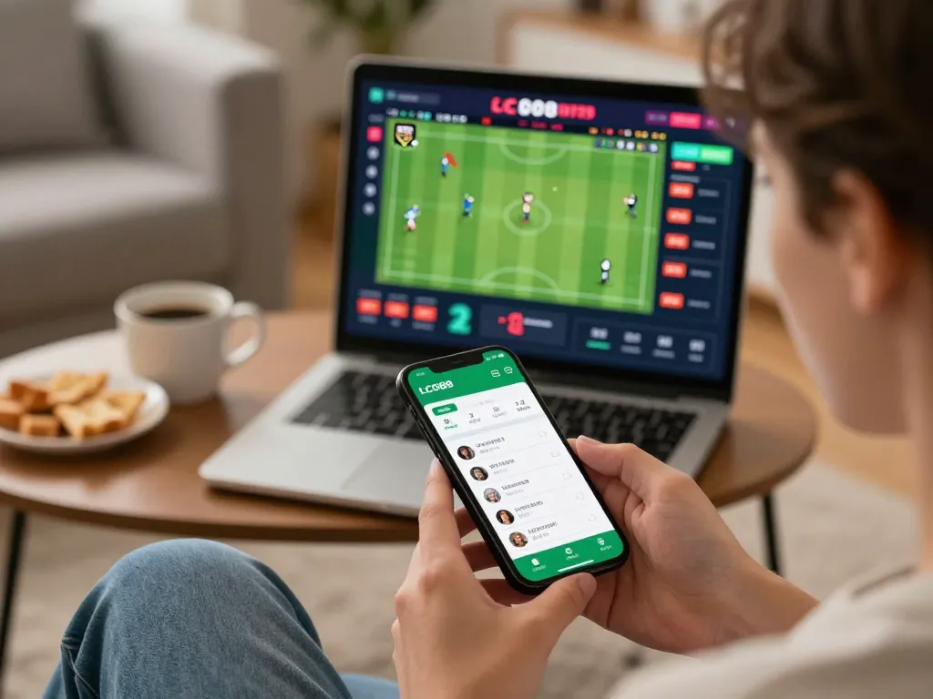 Engaging with LC88 app on smartphone for real-time sports betting excitement at home