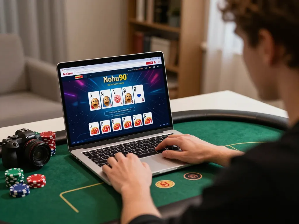 Nohu90 player engaged in online poker game at home, showcasing strategy and bankroll management.