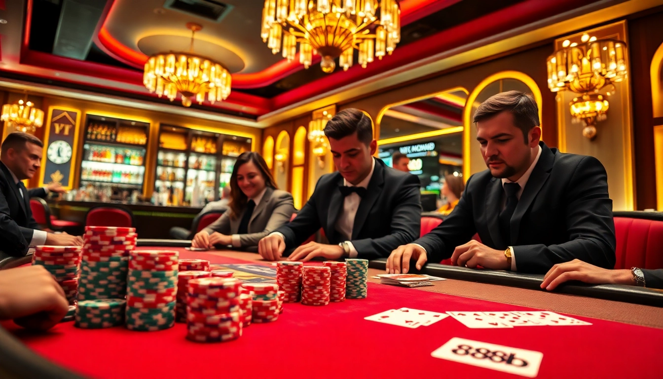 Engage in a thrilling poker game at 888b with vibrant chips, elegant atmosphere, and professional players.