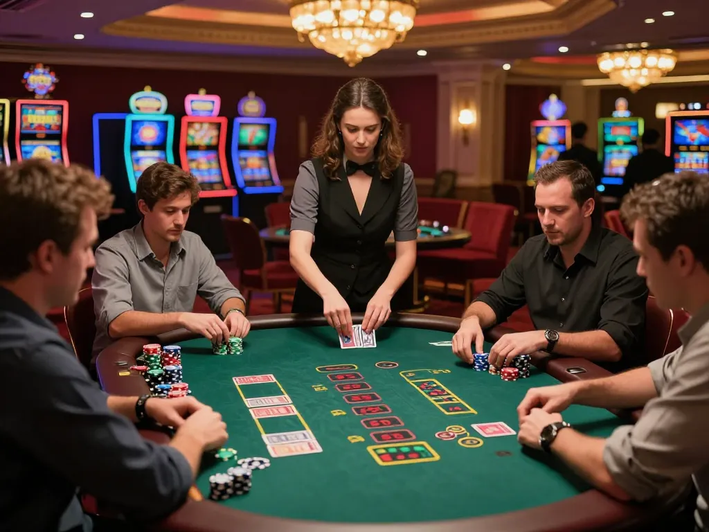 Players engaging strategically at a TT88 blackjack table, intense focus and stacked chips captured in a vibrant casino setting