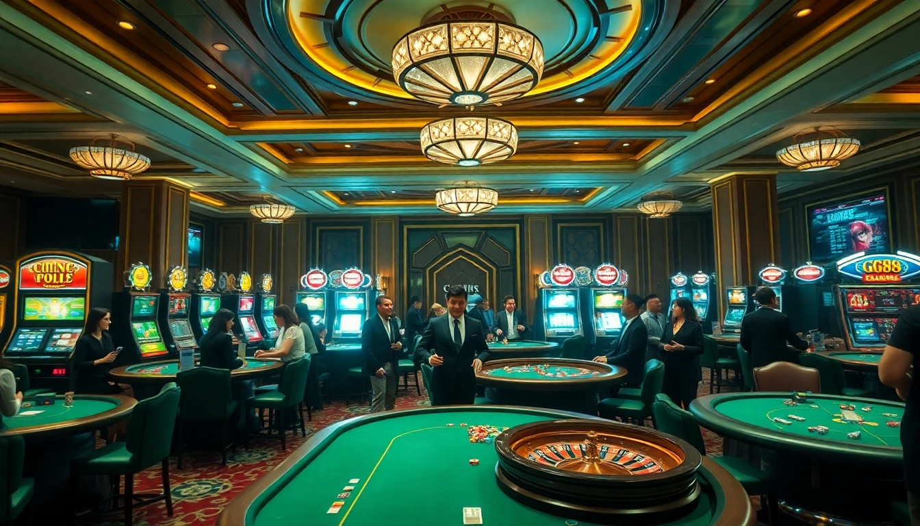 Players enjoying a vibrant gaming atmosphere at GG88 casino with poker tables and slot machines.