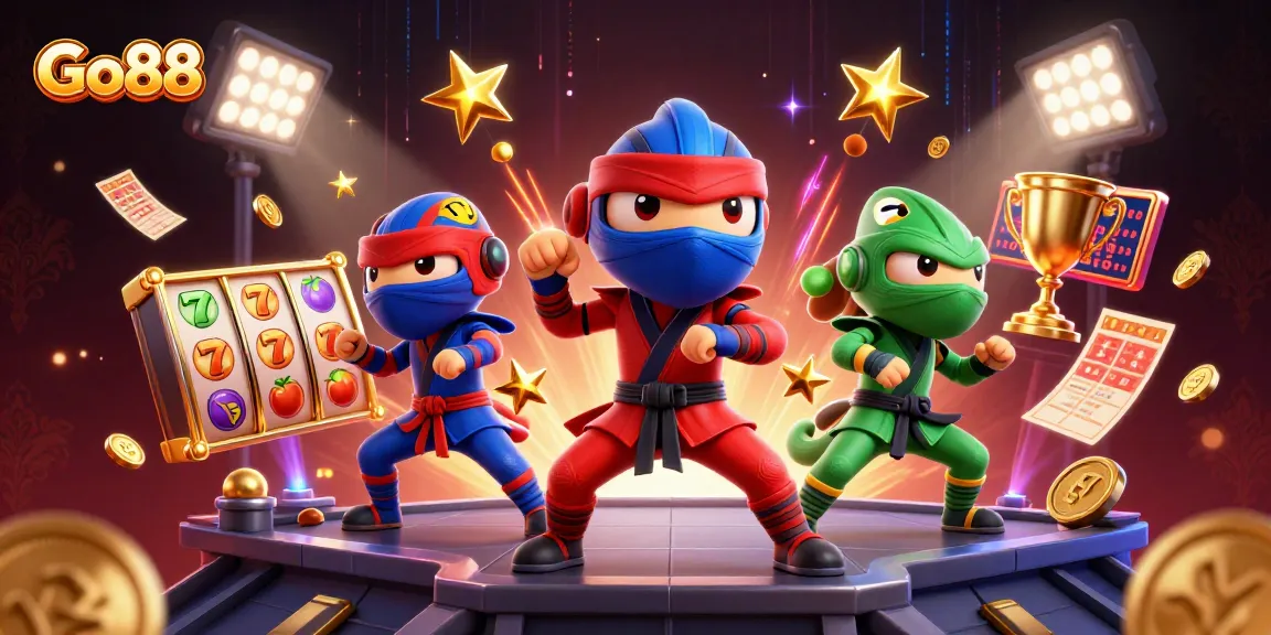 Experience thrilling gaming action with Go88's vibrant slot games and ninja chameleon characters.