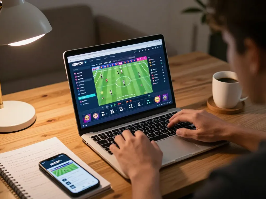 Sbotop user actively placing sports bets on a laptop, showcasing an engaging online gaming atmosphere.
