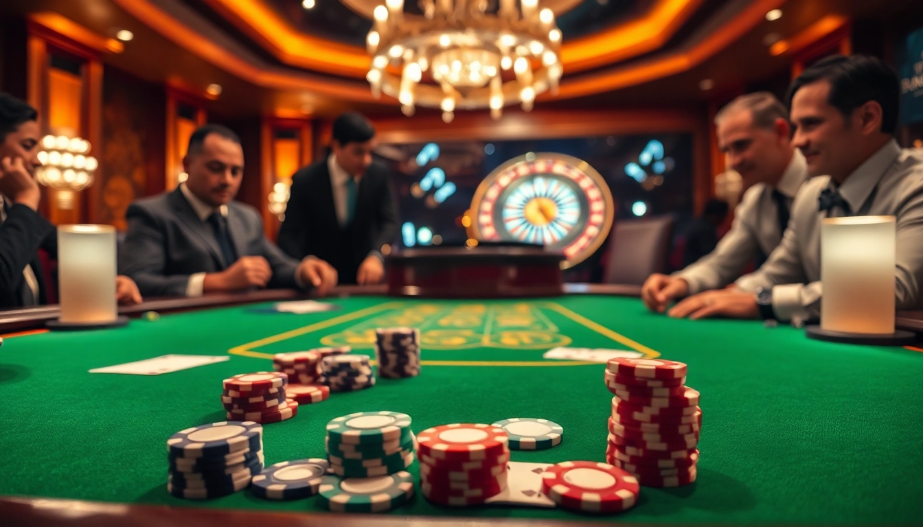Exciting poker game at 79KING with stylish chips and cards on a luxury casino table.