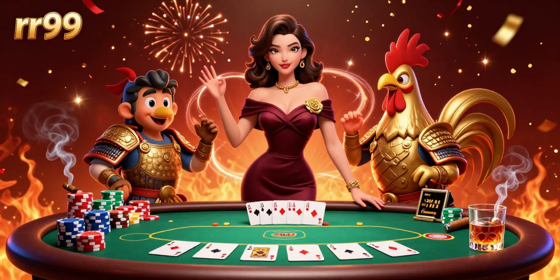 Engage in thrilling poker action at rr99 with a glamorous woman and golden rooster warrior amidst vibrant gaming elements.
