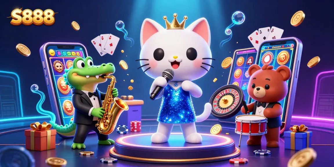 S888 casino features a vibrant 3D scene with characters celebrating wins, surrounded by slot games and glowing elements.