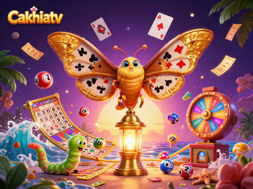 Cakhiatv captivates with a vibrant 3D casino scene showcasing a moth and lottery elements.