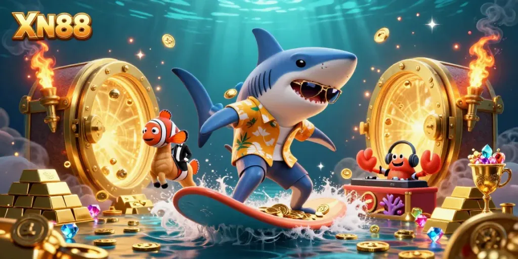 Surf the waves of fortune with XN88, where vibrant characters celebrate luck and winnings in a casino paradise.