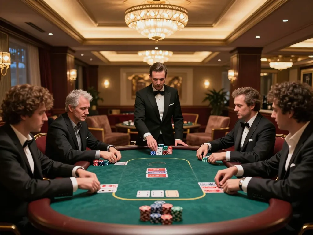 vipwin2 players engaged in high-stakes poker in a luxurious casino setting, showcasing strategic gameplay and high-class atmosphere.