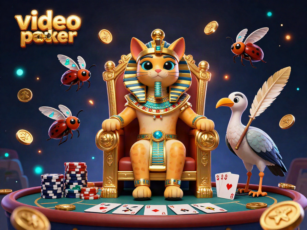 Experience excitement with video poker australia featuring a royal Egyptian cat and poker elements.
