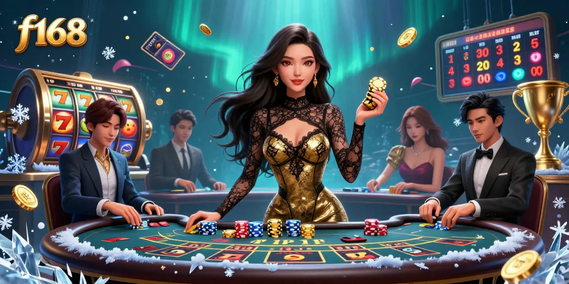 Experience the excitement of f168 at a VIP baccarat table, surrounded by vibrant casino elements.