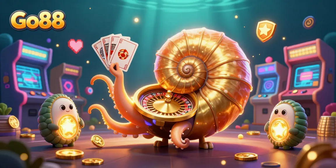 Experience thrilling gameplay at Go88 with a golden roulette wheel nautilus, surrounded by vibrant game elements.