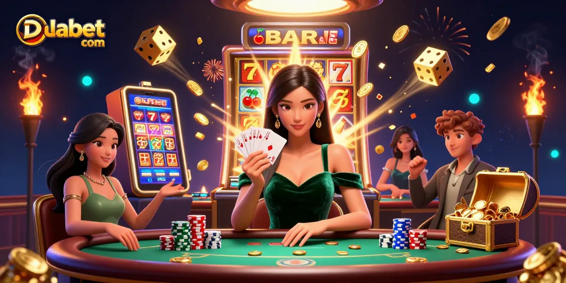 Experience Dabet com with a stunning 3D illustration of casino games and jackpot excitement.