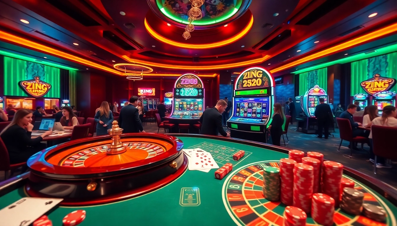 Zing88 gaming scene featuring vibrant roulette, slot machines, and poker chips in a luxurious casino.