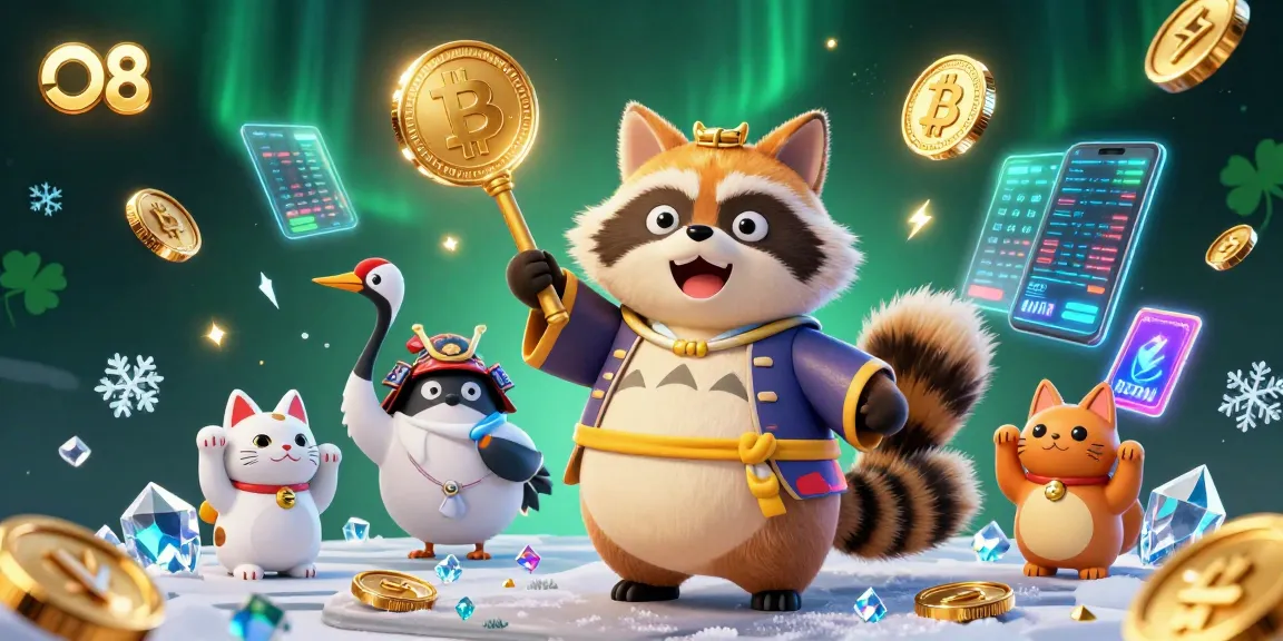 Experience exciting luck with O8's vibrant gambling scene featuring cheerful characters and digital elements.