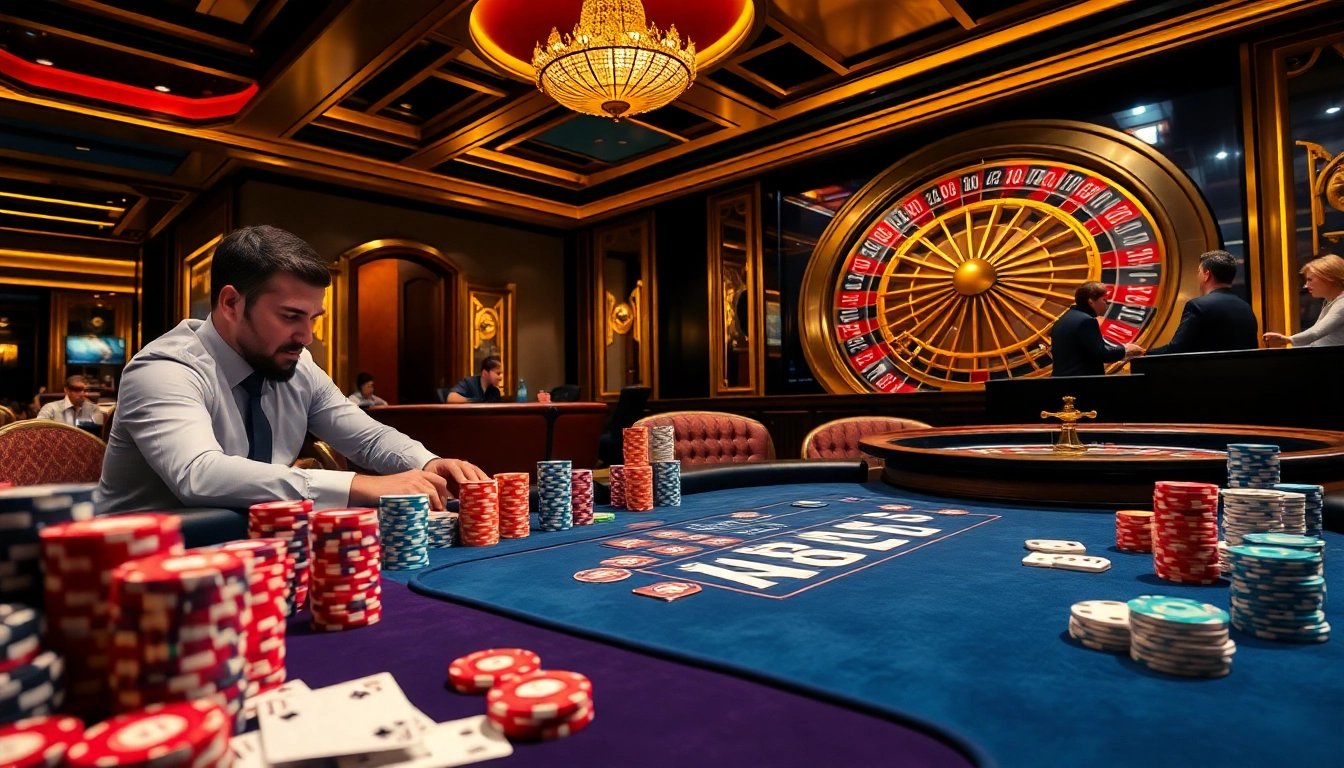 Engaged players at a vibrant poker table in a luxurious casino featuring elements of XX88.