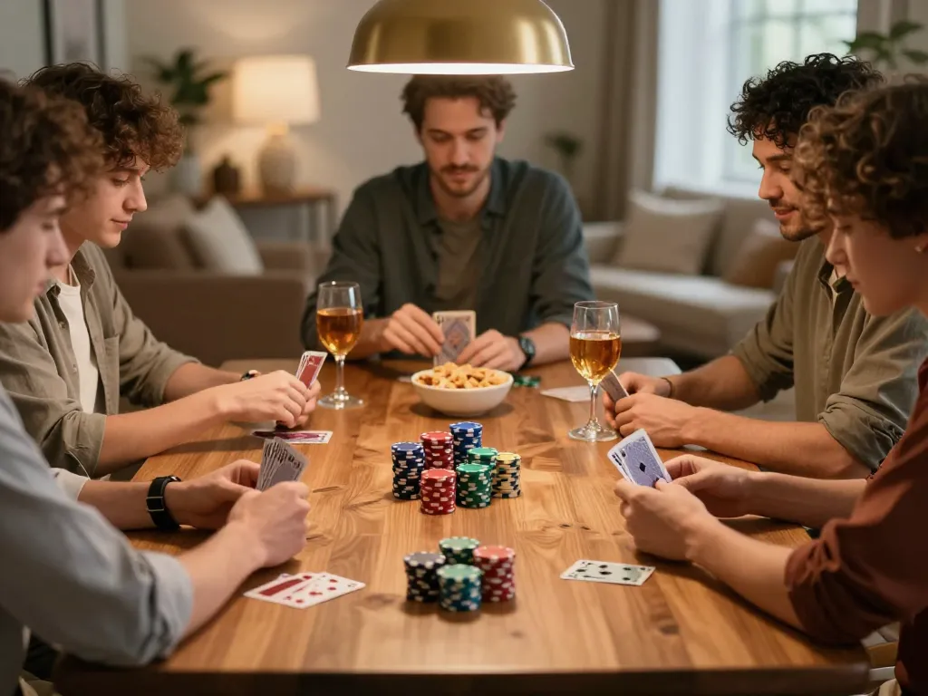 Friends playing poker at home, showcasing New88-themed gaming atmosphere, lively social interaction.