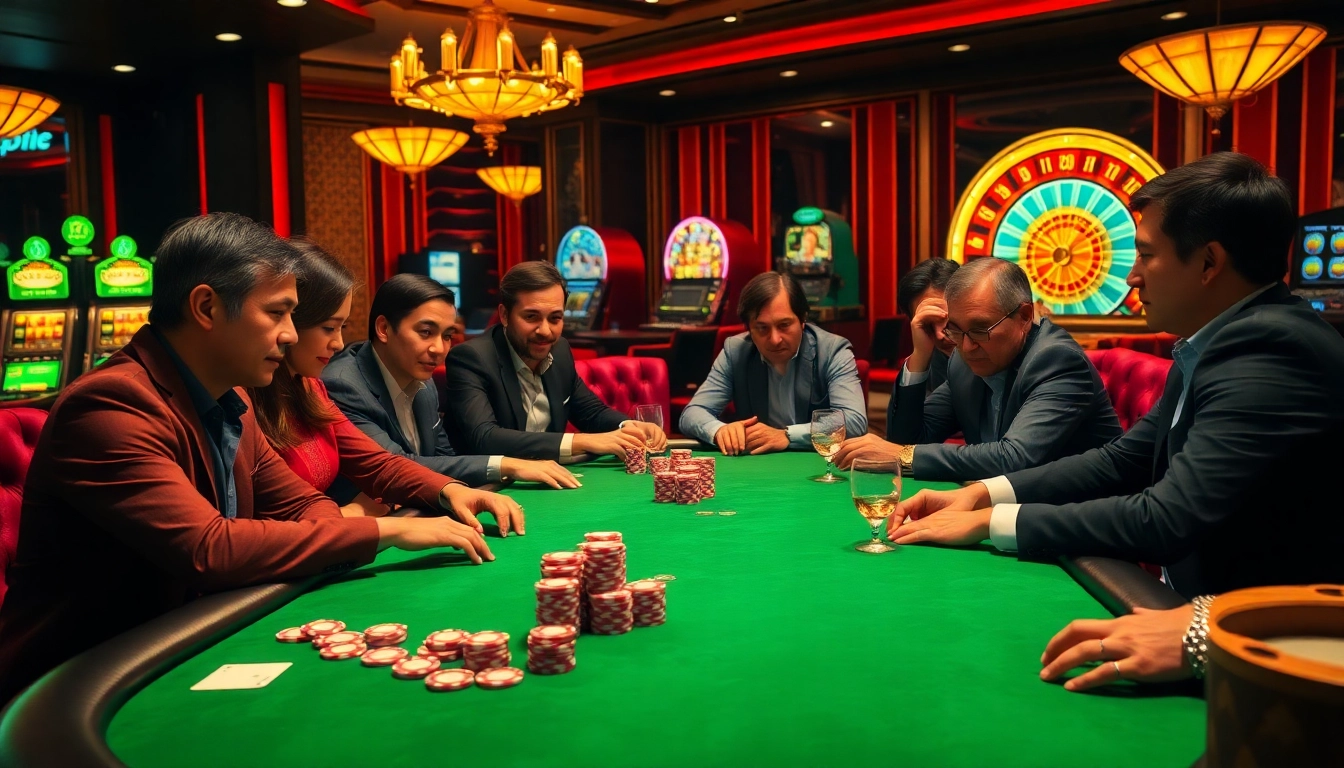 Experience the thrill of LC88 as players strategize at an elegant poker table in a luxurious casino.