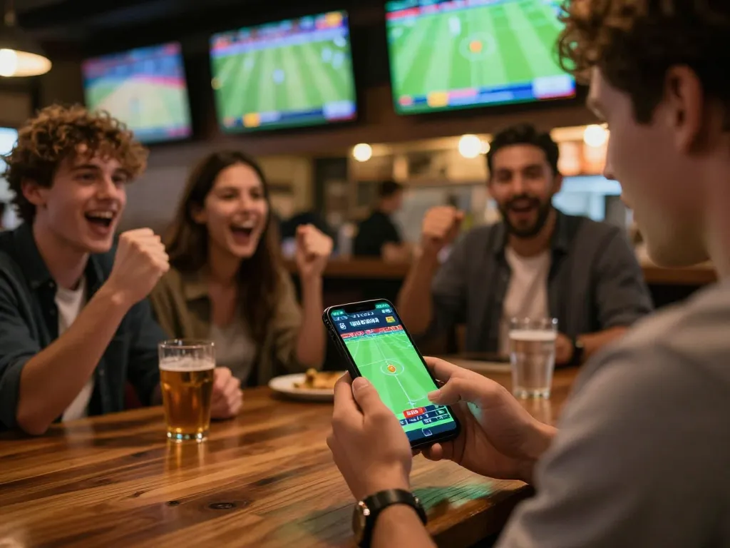 Engaging scene of a person betting on kèo bóng đá in a vibrant sports bar atmosphere with friends cheering.