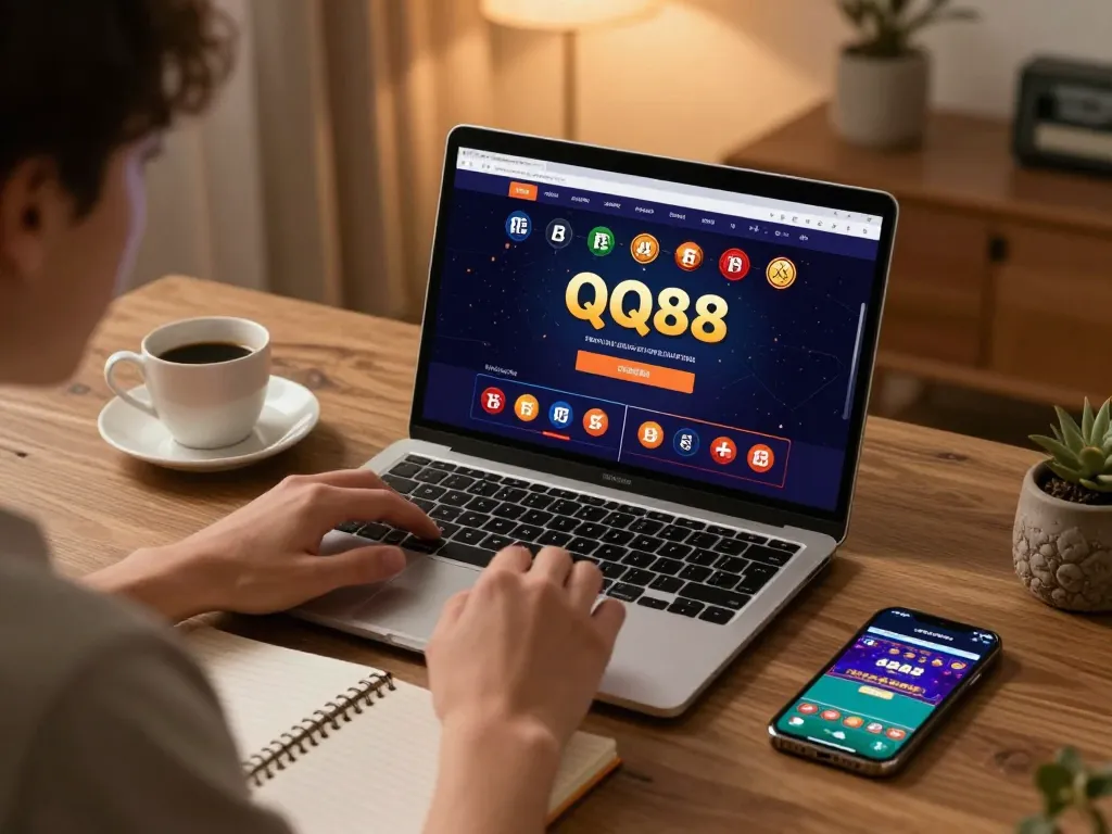 Player enjoying QQ88 online casino experience at cozy home, focused on game strategy and betting management