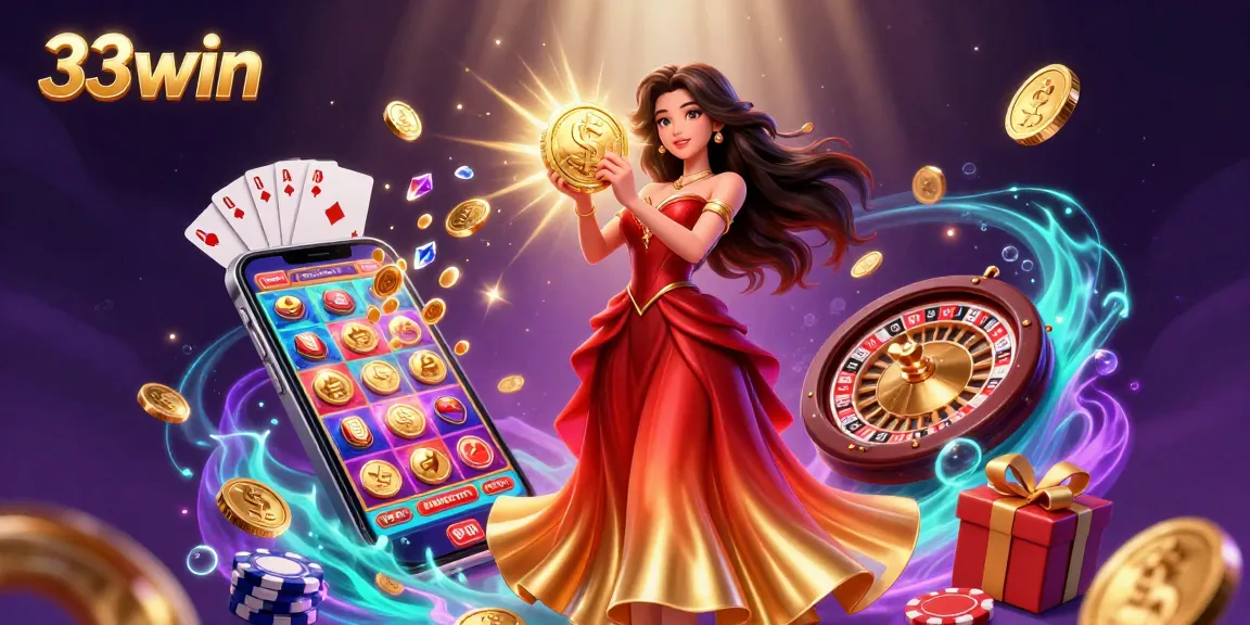 33win offers an energizing casino experience, featuring a stunning Asian woman symbolically holding a massive coin amidst a shower of prizes.