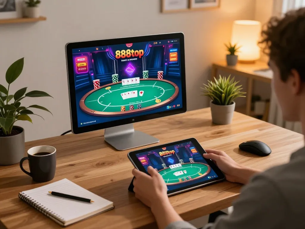 Engaging online gaming experience on 888top app with tablet and vibrant poker graphics