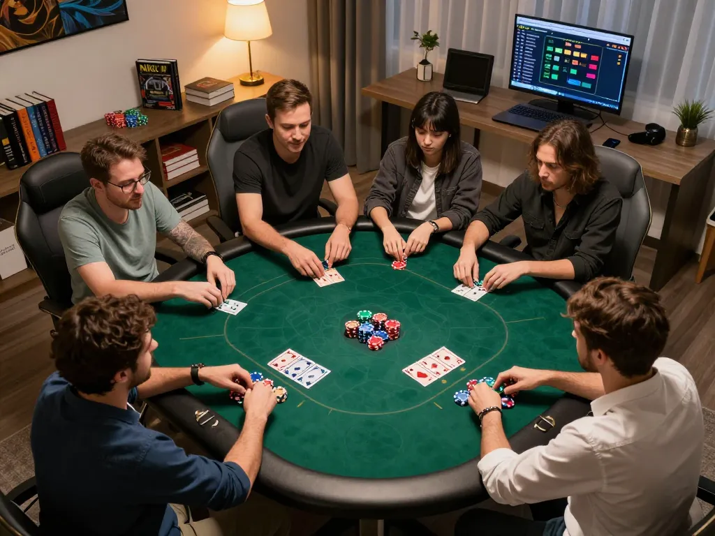 Players engaging in strategic online poker gameplay on Fabet with colorful chips and community cards visible.